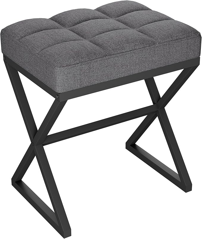 YMYNY Vanity Stool, Linen Footrest, Ottoman Bench with X-Shaped Metal Legs, Makeup Dressing Stool for Vanity, Living Room, Bedroom, Entryway, Hallways 15.74" D×11.81" W×18.11" H Grey UHBD033G