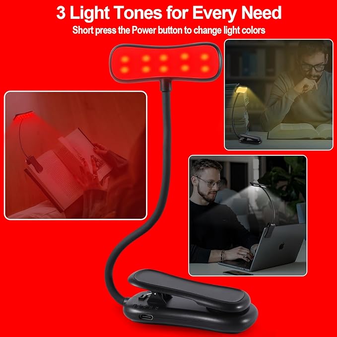 630nm Red Book Light - Zero Blue Light, Rechargeable Clip On Red Reading Light for Reading at Night, Poratble Dimmable LED Book Lamp, Perfect for Travel Nursing Studying(2 Pack)