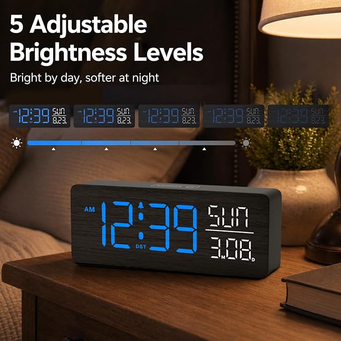 Peakeep Wooden Digital Alarm Clock Large Display, Textured Decoration for Bedroom, Living Room, Plug in Clock with Time Date Day, 5 Brightness, Auto DST