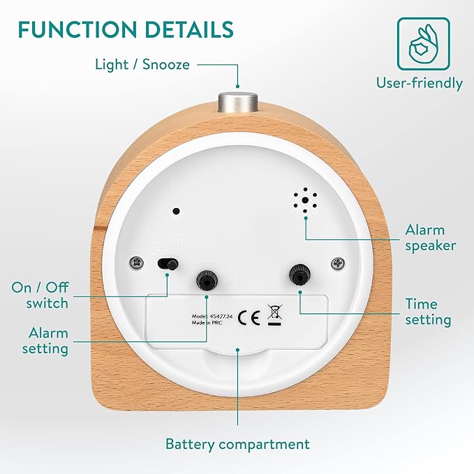 Navaris Wood Analog Alarm Clock - Half-Round Battery-Operated Non-Ticking Clock with Snooze Button and Light - Light Brown