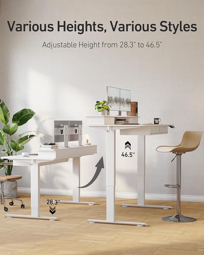 CubiCubi 48" x 24" Standing Desk with Drawers, Electric Height Adjustable Workstation, Computer Sit Stand Up Office Table with Large Storage Shelf, 4 Drawers and 2 Hooks, Warm White
