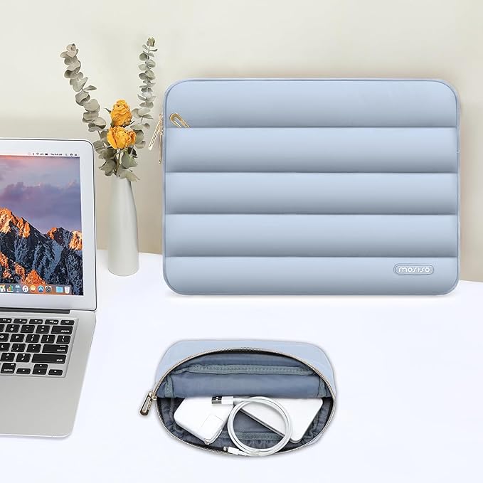 MOSISO Laptop Case 13.3 inch,13-13.3 inch Puffy Laptop Sleeve Compatible with MacBook Air 13.6 M5 M4 M3 M2 M1/Neo/Pro 13/14,HP Dell ASUS Lenovo,Polyester Horizontal Bag with Small Case, Baby Blue