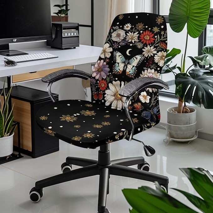 Talayituse Butterfly Daisy Moon Print Office Chair Cover Computer Chair Cover Thick Stretchable High Back Desk Chair Covers for Universal Large Boss Rotating Chair, S