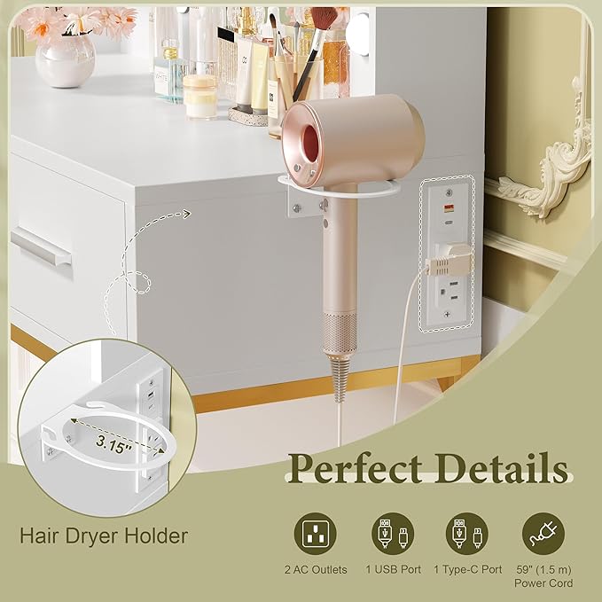 YESHOMY Vanity Desk with Mirror, Makeup Table with 2 Large Drawers, Power Outlet and Round Holder, 3 Color Modes Adjustable Bulb, Pure White & Gold Frame