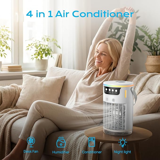 Portable Air Conditioners, AC Fan Mini Evaporative Air Cooler 1200ML with Ice Cooling Mist Personal Air Conditioner Quiet for Bedroom, Home Office Desk and Car Camping