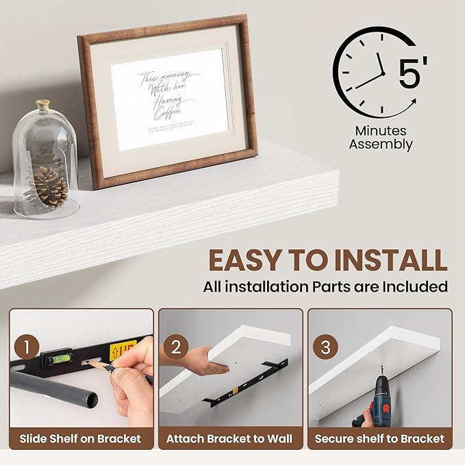 Acovy 72 Inch Floating Shelves for Wall 1 Pack, 72" Wall Shelves for Books, Storage, Decor, Wall Mounted Floating Shelf with Invisible Brackets for Kitchen, Living Room, White