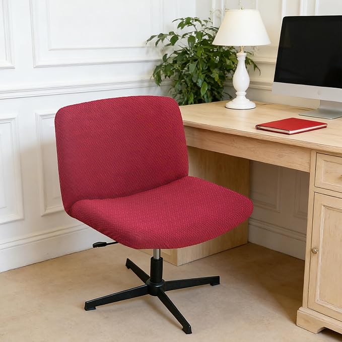 Waterproof Criss Cross Chair Cover Burgundy Stretch Jacquard 24Inch Wide Armless Desk Chair Slipcover 1 Piece Washable-T Shape Burgundy
