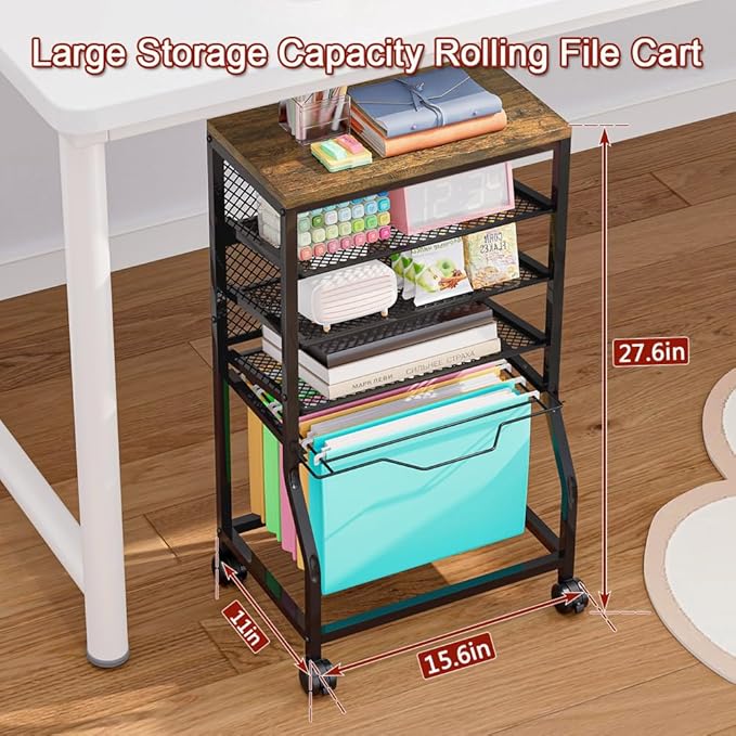 INGIORDAR 5-Tier Rolling File Cart, Under Desk Storage Organizer with Lockable Wheels & Mesh Sliding Trays, Multi-Functional Mobile Utility Cart for Office, Home, School, Black