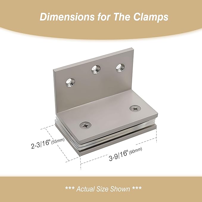 Glass Clamp, Heavy Duty Solid Brass Shower Clip for 5/16" to 1/2" (8-12mm) Glass, Wall or Floor Installation, Brushed Nickel