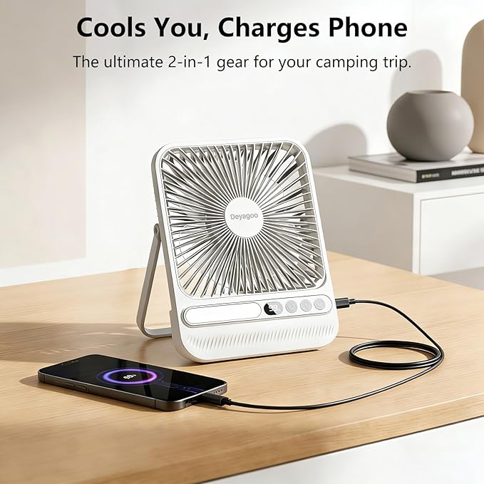 Deyagoo Travel Fan,7-Inch Camping Fan, Rechargeable Fan, 28H 10000mAh Ultra-Thin Quiet USB Desk Fan with Timer & LED Display for Bedroom, Office, Camping