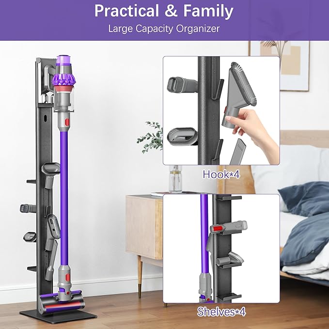 XIGOO Storage-Stand-Docking-Station-Holder Compatible with V15 Detect V11 V10 V8 V7 V6 Cordless Vacuum Cleaners, Stable Metal Organizer Rack(Black, 4 Hooks 4 Shelves)