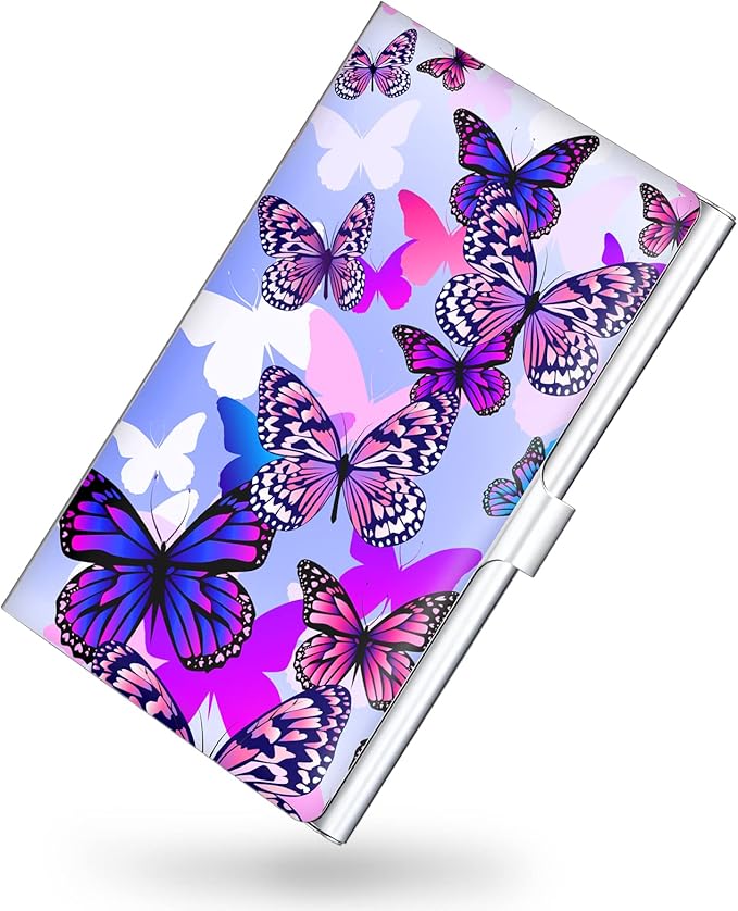 Business Card Holder，Color Printing Men's and Women's Business Card Case，Ultra-Thin Metal Business Card Organizer，Carry-on Pocket Wallet Business Card Holder,Purple Butterfly