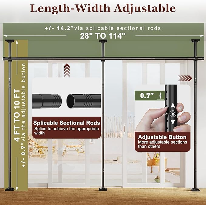 Goovilla Room Divider for Room Separation, Tension Curtain Rods No Drilling, 4-10ft(H) 28-114inch(W) Adjustable Temporary Privacy Wall Divider, Heavy Duty Freestanding Space Partition Separator, Black
