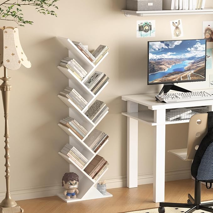 SHEEPAM 10 Tier Tree Book Shelf, Floor Standing Wood Bookshelf for Narrow Space, Storage Organizer Bookshelves for Books/CDs/Magazine, Bookcase with Shelves for Home Office, Living Room - White