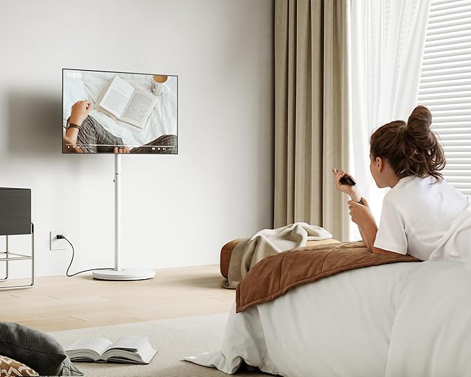 FITUEYES Design Small Rolling TV Cart for 24-48 Inches Television, Minimalist Modern TV Floor Stand on Wheels Fits Max VESA 200x200mm, V2 Portable Smart Television Cart, White, Master Series