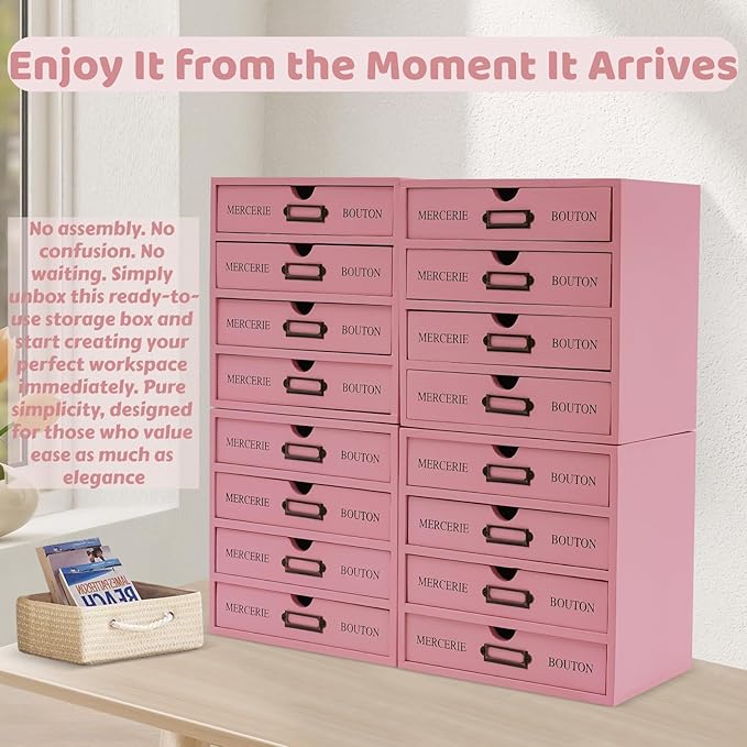 16-Drawer Wooden Desk Organizer Storage Box with Label Holders Vintage Wood Desktop Organizer, Desk Drawer Unit Collectors Box for Living Rooms, Bedrooms, Offices (Pink, 4PCS, 16 Drawers)