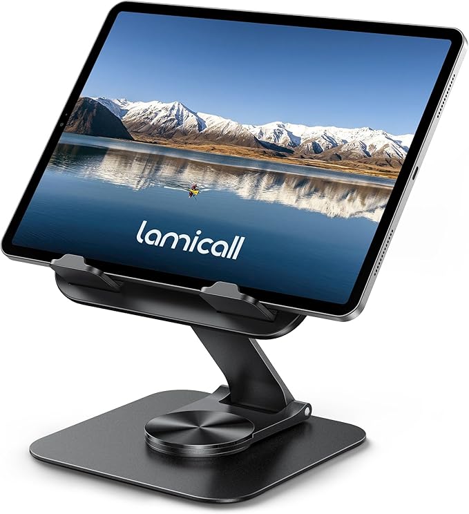 Lamicall Adjustable iPad Stand for Desk - [Ultra-Slim Foldable][360°Rotation] Tablet Stand with Heavy-Duty Base, Tablet Holder Gifts for 4.7-13" Devices, 2025 iPad Pro Air Mini, Kindle, iPhone 17 Pro