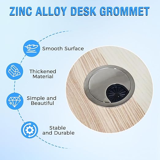 Desk Grommet 2" (50 mm), Desk Cord Hole Cover, Cable Grommet Metal Zinc Alloy Materilal, Desk Hole Grommet for Office and Home Table Cable, Detachable Cable Cord Organizer (Brushed Silver 1 Pcs)