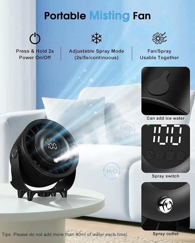 Ouddy Mode Small Desk Fan, 4000mAh Portable Misting Quiet Table Fan with Digital Display, Wall-Mouted Design USB Rechargeable Desk Fans for Office Bedroom Home Travel Outdoor Black