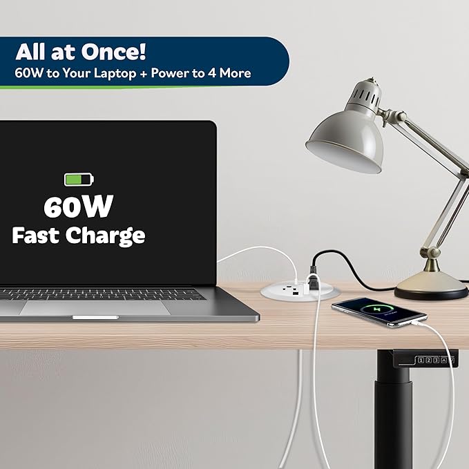TOPGREENER Desktop Power Grommet With 65W PD Fast Charging USB C, GaN Desk for MacBook, 2 USB-A Ports and Duplex Receptacles, 3" Diameter, TTRP48APD60-W, White