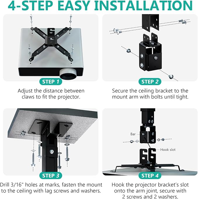 WALI Projector Mount Ceiling/Wall - Universal 3-in-1 Bracket with Extension Pole, Height Adjustable Holder for LCD/DLP Projectors, Supports up to 44lbs (PM-003-B), Black