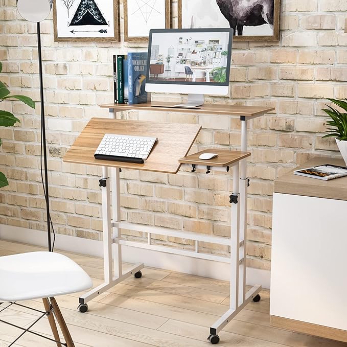 sogesfurniture Mobile Standing Desk, Portable Stand Up Desk, Small Adjustable Standing Desk Converter with Wheels Home Office Workstation, Rolling Desk Laptop Cart for Standing or Sitting, Oak