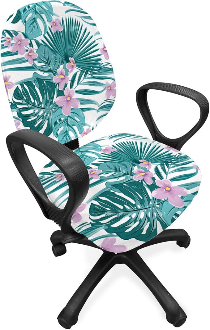 Ambesonne Tropical Office Chair Slipcover, Continued Layout of Palm Leaves Jungle Coconut Monstera Summer Artwork, Protective Stretch Decorative Fabric Cover, Standard Size, Teal Purple