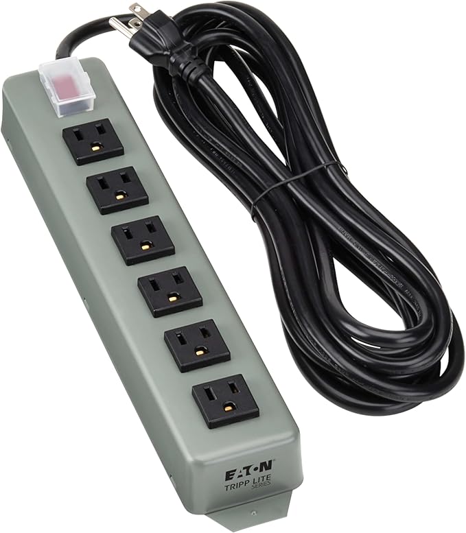 Eaton Tripp Lite series 6-Outlet Heavy Duty Power Strip, Metal, Mountable (Wall Mount & Under Desk) 15ft Extension Cord, On/Off Switch Cover, Industrial Garage Shop Work Bench Applications (UL24CB-15)