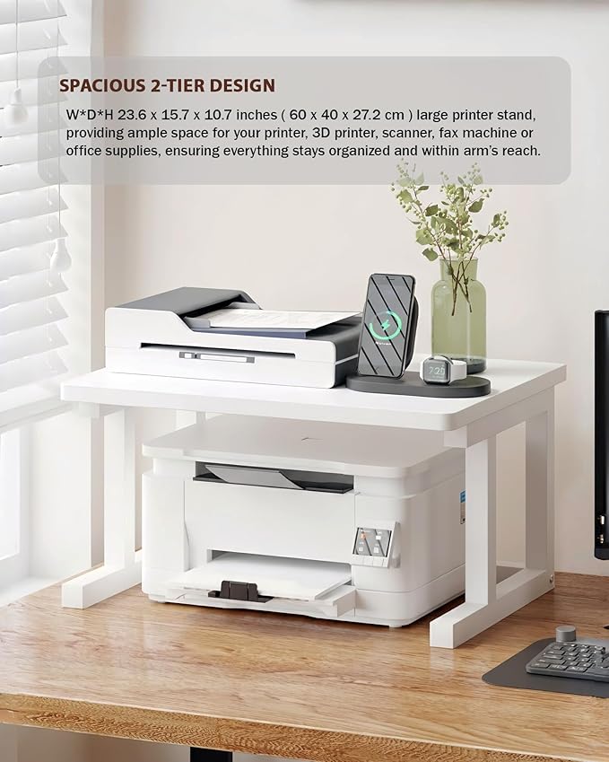 Desktop Printer Stand, 23.6″x 15.7″ 2-Tier Large Printer Shelf fit 3D Laser Printer/Scanner/Fax Machine, Industrial Storage Rack for Home Office Storage, White P6040-W