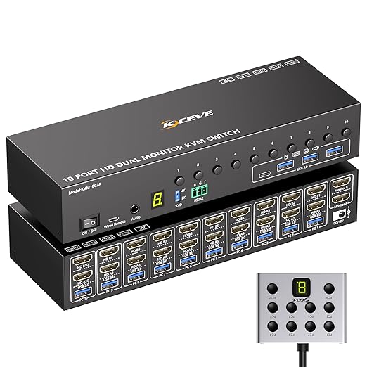 10 Port HDMI KVM Switch 2 Monitors 10 Computers 4K@60Hz EDID Simulation,Dual Monitor KVM Switch with 4 USB 3.0 Ports for Keyboard Mouse Printer,Audio RS232,with Controller,12V Power and 10 USB Cables