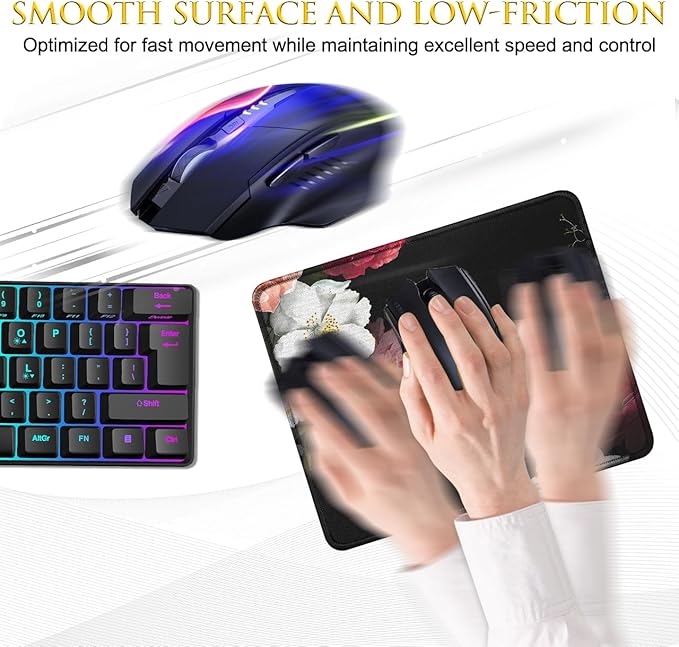 JIKIOU Mouse Pad with Non-Slip Rubber Base, Premium-Textured & Washable Computer Mousepad with Stitched Edges, Mouse Pads for Computers, Laptop, Gaming, Office & Home, 10.2 x 8.3 in Peony