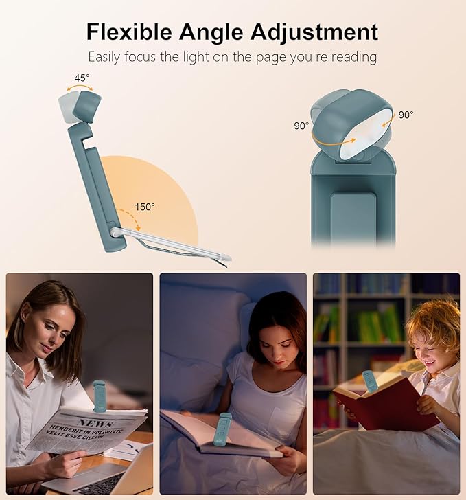 Gritin Reading Light, Rechargeable Book Light for Reading in Bed - Eye Caring 3 Color Temperatures,5-Level Dimmable Brightness,Long Lasting,Compact Size Clip on Book Reading Light-Pacific Blue