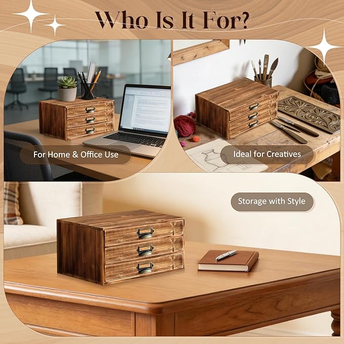 Stackable Modular Desktop Drawer Organizer, Solid Vintage Wood 3-Drawer Storage Unit with Label Pull Handles, Burnt Aged Wooden Japandi Style, Expandable by Adding More Units for Clutter-Free Spaces