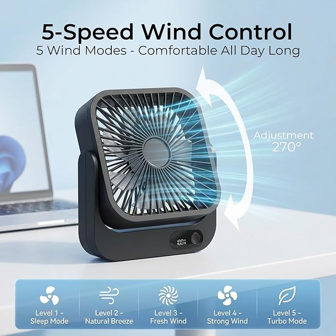 Portable Desk Fan with Magnetic Stand, 5 Speeds Turbo Power USB Rechargeable Personal Fan, Cruise Ship Approved Strong Airflow for Bedroom Office Travel Carnival Cruise Essentials 2026, Black