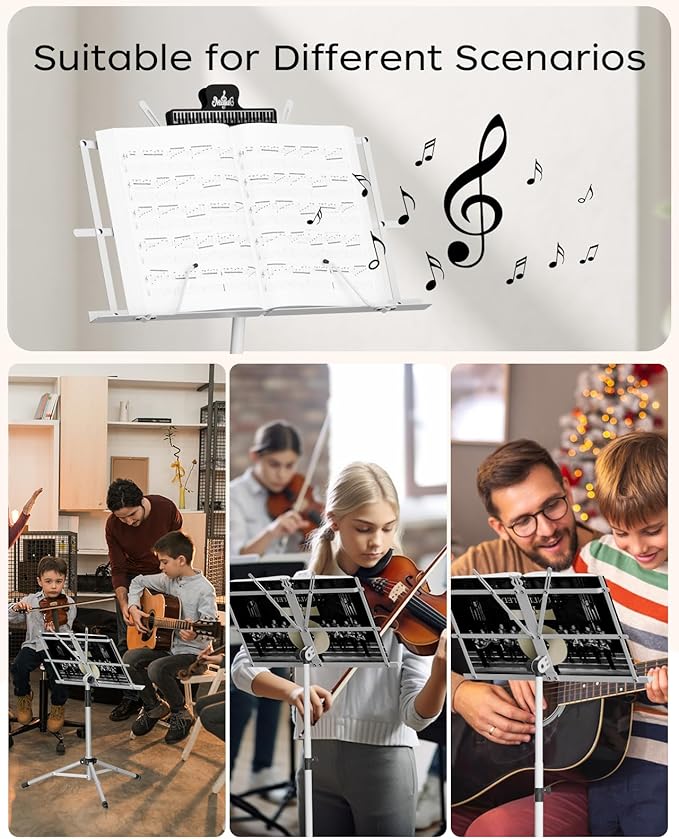 K KASONIC - Music Stand, 2 in 1 Dual-Use Folding Sheet Music & Desktop Book Stand, Portable, Lightweight with Music Sheet Clip Holder & Carrying Bag Suitable for Instrumental Performance, White