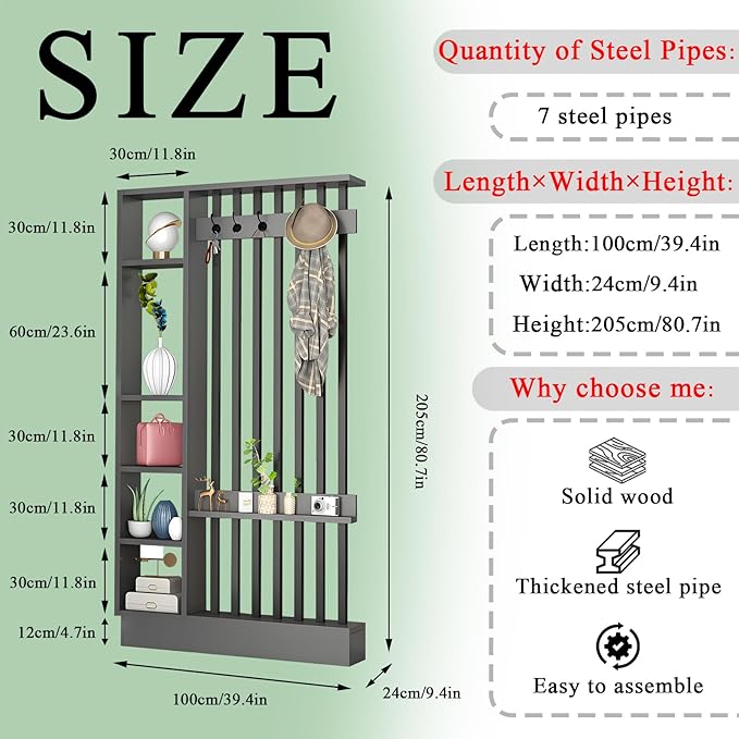 Wall Room Divider - Freestanding Wood Room Divider with Shelves and Coat Rack, Wall Divider with Storage Cabinet and Display Shelf, Freestanding Decor for Bedroom, Office