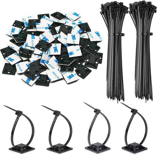 500 Pack 3/4" Zip Tie Adhesive Mounts Self Adhesive Cable Tie Base Holders with Multi-Purpose Tie wire clips with screw hole,Anchor stick on wire holder, Including 100 Pack Clips（Black）