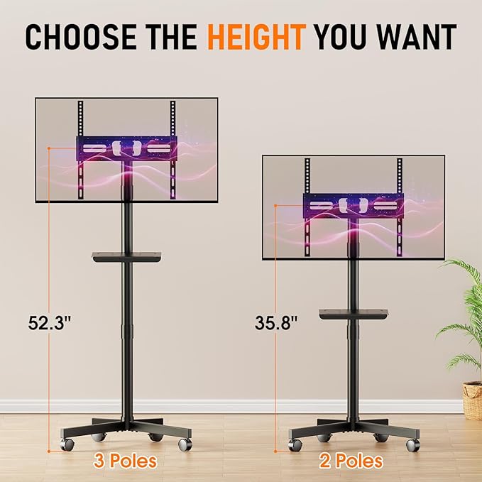 Mobile TV Cart Rolling TV Stand for 23-60 Inch LCD LED OLED Flat Curved Screens up to 88 lbs, Height Adjustable Portable TV Cart with Shelf/Wheels, Outdoor TV Stand Mount, Max VESA 400x400mm, Black