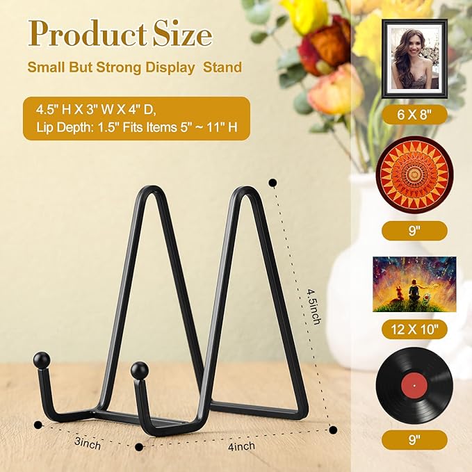 Therwen 24 Pack Plate Stands for Display Picture Frame 4.5 Inch Metal Iron Book Holder Table Top Display Stand for Home Offices Dish Artistic Work Art Decorative Mirror Platter(Black)