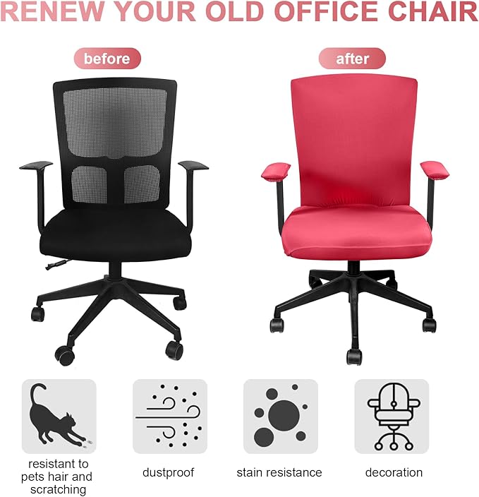 Tallew 4 Pcs Office Chair Covers Set Computer Universal Protective Stretchable Chair Seat Covers Desk Armrest Cover Pads Office Cushion Backrest for Rotating(Regular,Rose Red)