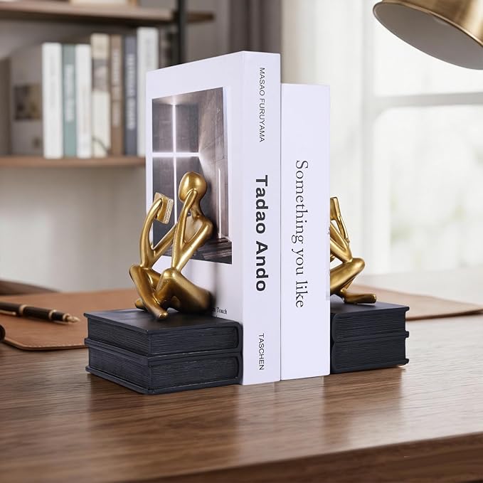 Heavy Duty Book Ends for Shelves, Thinker Bookends Set of 2 Decorative Book Ends for Heavy Books, Modern Unique Shelf Decor for Home Office Living Room Desk