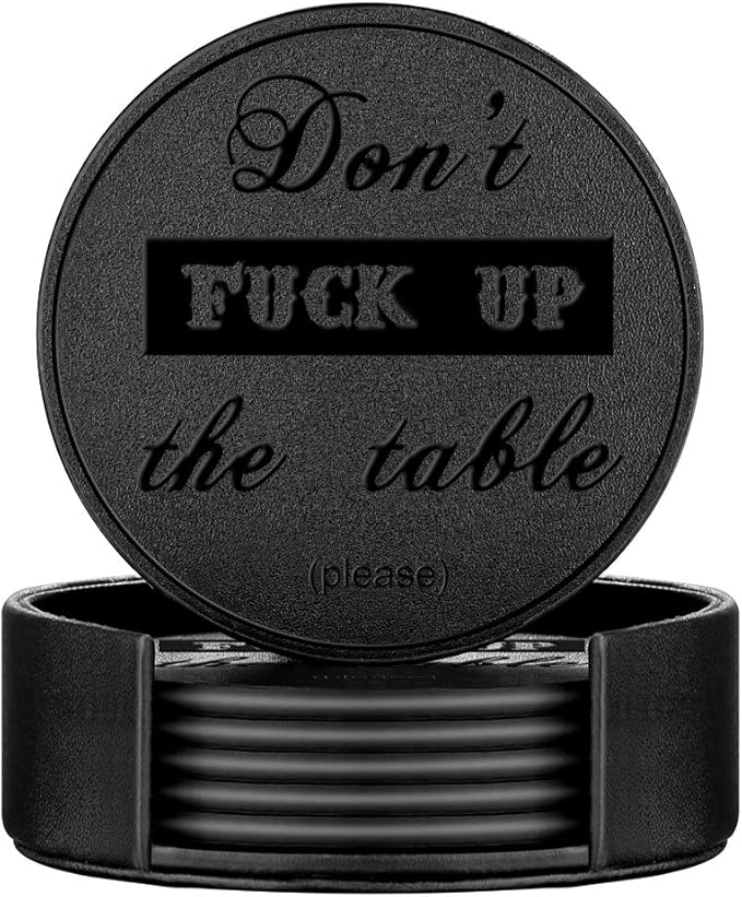 Funny Coasters, Thipoten 6 Pcs Leather Coasters with Holder, Perfect Housewarming Hostess Gifts, Protect Furniture from Water Marks Scratch and Damage(6Pcs, Black)