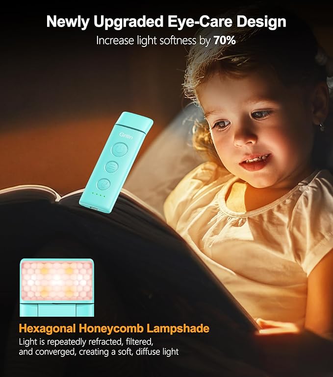 Gritin Book Light Rechargeable, Eye Caring 3-Color & 5-Brightness Clip on LED Reading Light for Books in Bed- Stepless Dimming, Long Lasting, Compact Size Flexible Book Lamp for Bookworms-Blue