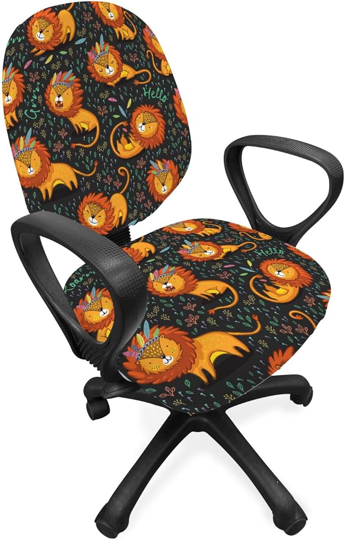 Ambesonne Cartoon Office Chair Slipcover, Lions Illustrations in Tribal Theme Feathers and Floral Strokes King of The Jungle, Protective Stretch Decorative Fabric Cover, Standard Size, Orange Black
