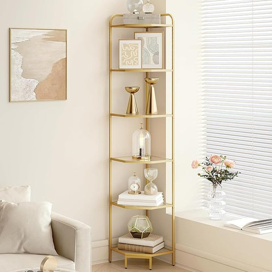 Hzuaneri Corner Shelf Stand, 6-Tier Glass Bookshelf Bookcase, Bathroom Organizer, Plant Stand, Steel Frame, Tempered Glass, Modern Style for Living Room, Bathroom, Kitchen, Golden CS90600G