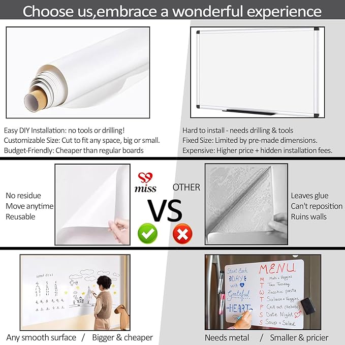 17.3"x157.5" White Board Paper Roll - Dry Erase Board Alternative,No Glue Static Cling White Board Sticker for Wall, Glass, School & Office | Easy-to-Install Portable Dry Erase Paper