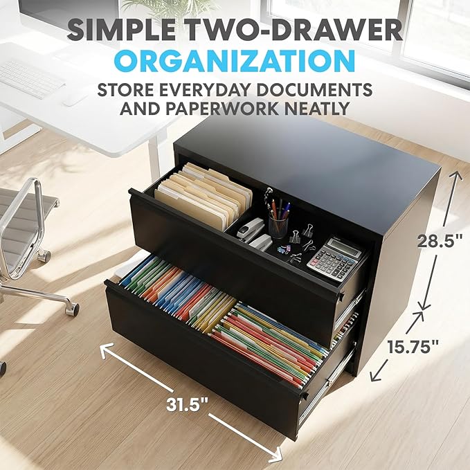 SIMPLI-Magic 2-Drawer File Cabinet with Lock - Metal Filing Cabinet for Home Office, Letter/Legal/F4/A4 Hanging Files, Compact Space-Saving Design, Black