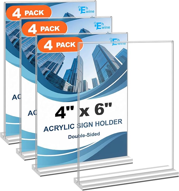 EHWINE 4 Pack Acrylic Sign Holders 4x6 Double-Sided Tabletop Display Stands for Menus Flyers & Signs, Clear Acrylic Picture Frame for Office Business Store & Events