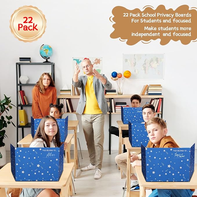 EARTHSON 22 Pack Galaxy Theme Class Privacy Shields, Desk Dividers for Students, Cardboard Privacy Folder for Students, Privacy Boards, Test Divider Classroom Study Carrel Teacher Supplies, Blue