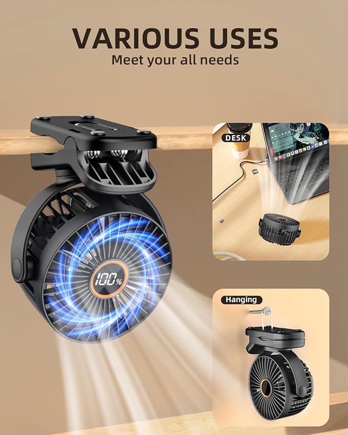TUNISE Mini Clip on Fan, Battery Operated Desk Fan, Digital display，3 Speeds Adjustable, Bidirectional 360 ° Adjustable, Super Strong Wind, Portable Fan for Home Office Stroller Camping Black